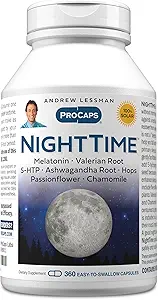 ANDREW LESSMAN Night Time 360 Capsules - 3mg Melatonin, Valerian, Ashwagandha, Passionflower, Hops, Chamomile. Nada de "Mañana Grogginess". Apoyo natural, sueño suave y relajado. Cápsulas fáciles de absorber