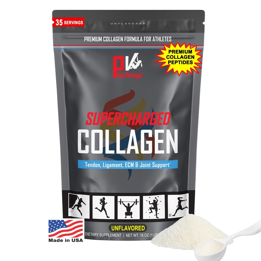 PhysiVantage Supercharged Collagen Peptides Powder - Hydrolyzed Collagen for Joint, Tendon, Ligament, " Skin Health Support - Unflavored, Keto, Paleo, 16oz tención Reforzada con Vitamin C, BCAAs, Grass-Fed
