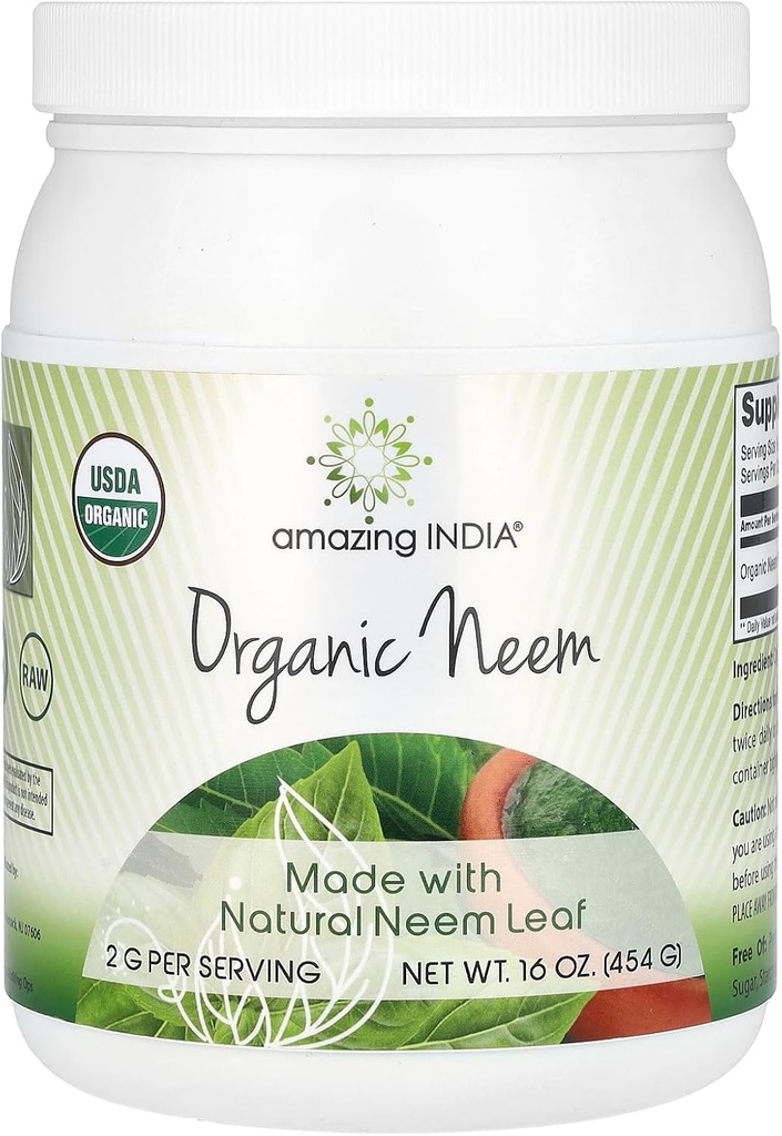 Increíble India USDA Certified Organic Neem Powder (No-GMO) 16oz - Promueve la purificación de la sangre, la inmunidad saludable y la piel sana