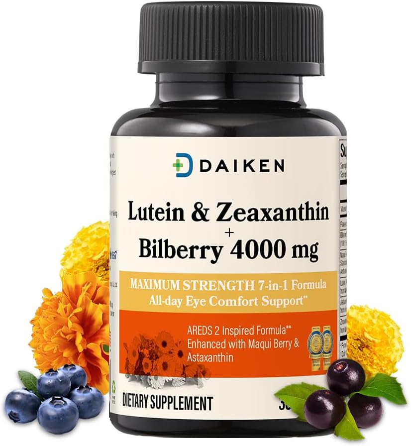 Suplementos DAIKEN Lutein y Zeaxanthin, AREDS 2 Fórmula inspirada con Astaxanthin, Maqui Berry, Bilberry, Flaxseed Oil &amp; Vitamina E, 30 Softgels