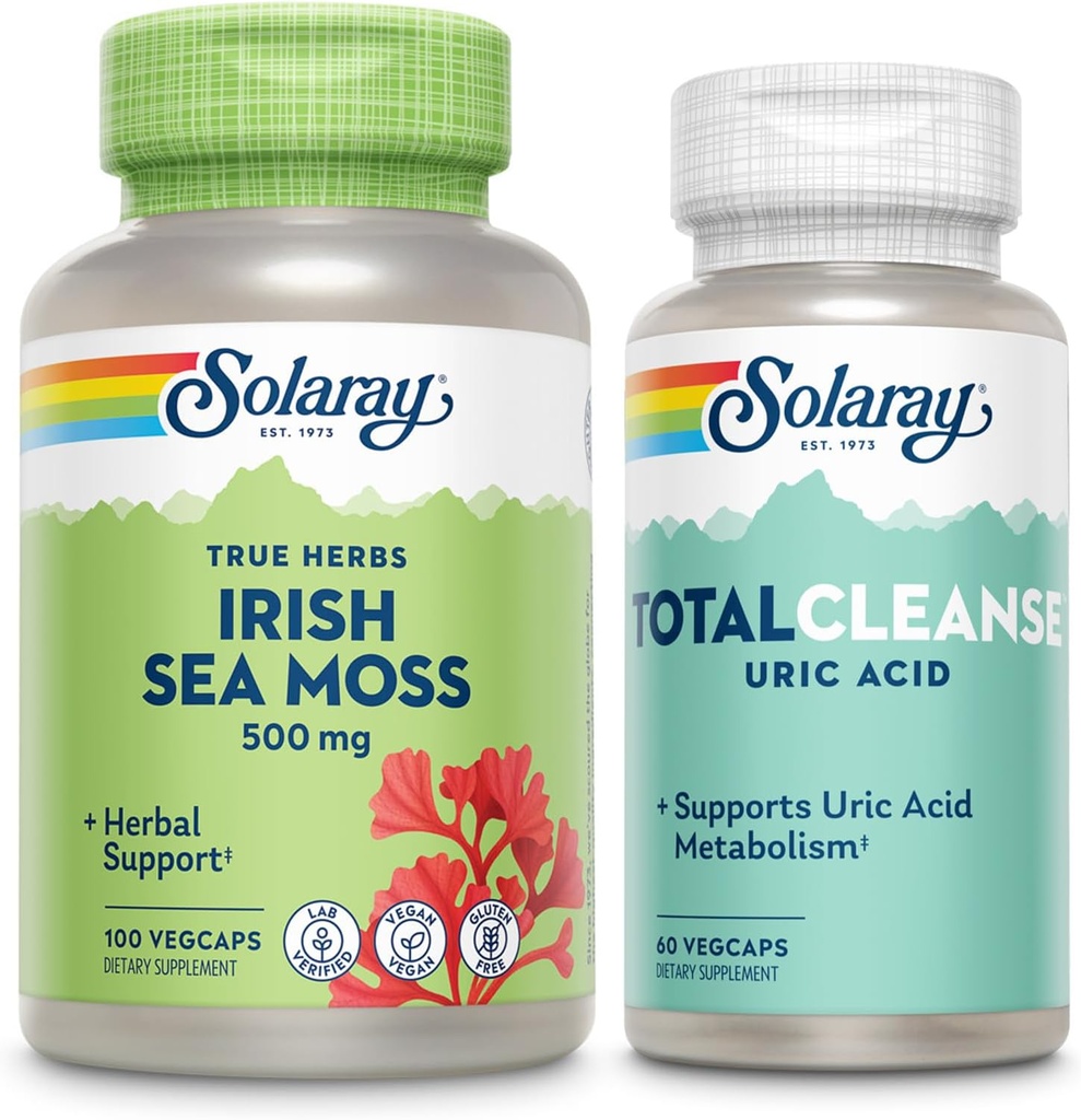 SOLARAY Irish Sea Moss and Total Cleanse Uric Acid - Wellness and Joint Health Bundle w/Naturalmente Occurring Vitamins, Minerals, Live Bacteria, Plus Tart Cherry, Turmeric y Celery Seed, 100/60ct