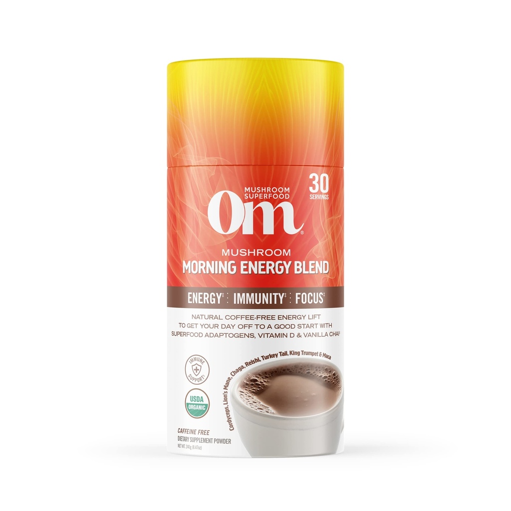 Om Mushroom Superfood Morning Energy Blend Mushroom Powder Drink, 8.47 Unce Canister, Coffee Free Energy Drink with Cordyceps, Vitamina D2, Agaricus Bisporus, Lion's Mane, Rhodiola y Turquía Tail