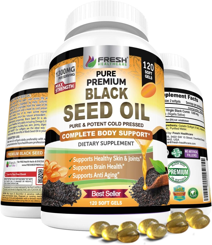 FRESH HEALTHCARE Black Seed Oil Capsules Cold Pressed 1300mg - 100% Pure Non-GMO Nigella Sativa - Immune & Joint Support - Premium Softgel Supplement