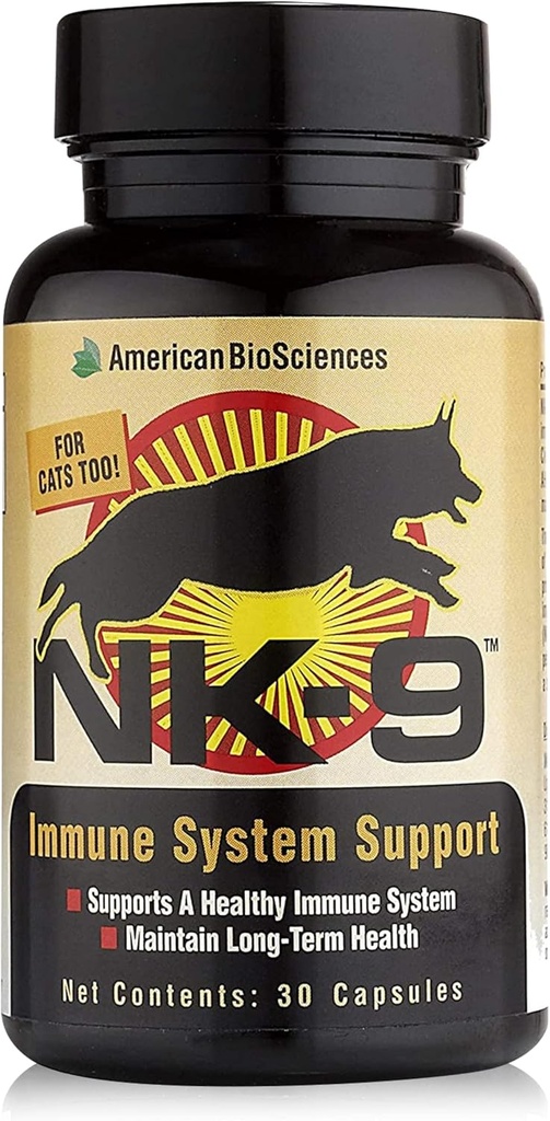 American BioSciences NK-9, AHCC Suplemento para perros &amp; gatos - Suplemento dietético para el sistema de apoyo inmunológico - Hecho para las defensas inmunitarias de mascotas - 30 cápsulas, 250 mg/capsula