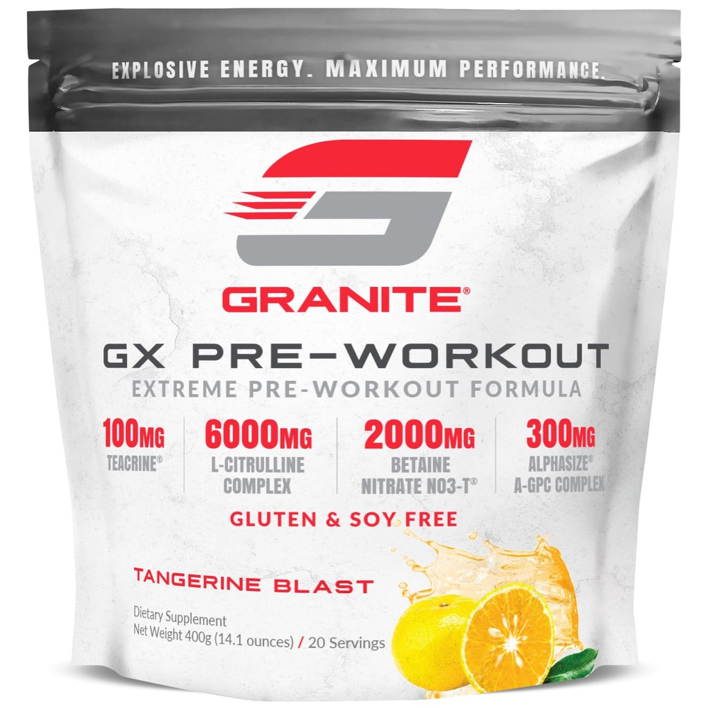 Granite GX Pre Workout Suplemento, Tangerine Blast Flavor, Supports Focus, Energy, " Performance with Teacrine, L-Citrulline, Betaine, " A-GPC (20 Servings)
