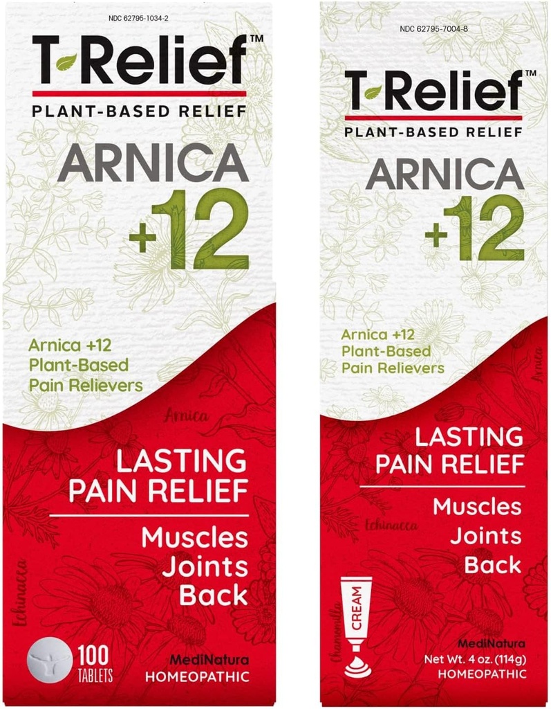 MediNatura T-Relief Arnica +12 Alivios de Dolor Natural 100ct Tablets T-Relief Alivio de Dolor Natural Arnica +12 4oz Crema Bundle