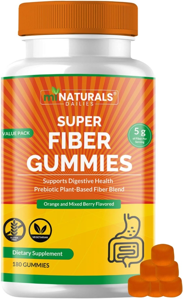 MINATURALS Prebiotic Fiber Supplement Gummies | Value Pack - 180 ct | 5 g per Gummy | Plant Based Digestive Gut Cleansing | Orange & Mixed Berry