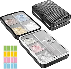 Restree Organizador semanal de píldoras, caja de proa de humedad magnética, caja de gran capacidad de viaje con tapa limpia interna para vitaminas, suplementos y medicamentos diarios 8 Compartimiento (negro)