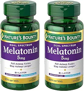 Bounty Melatonin 5mg Dual Spectrum, 100% Drug Free Sleep Supplement, Quick Release and Extended Release, Promotes Relaxation and Sleep Health, 60 Bi-Layer Tablets (Pack of 2)