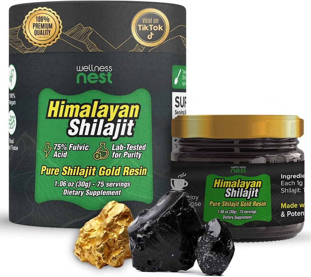 Wellness Nest Gold Grade Pure Himalayan Shilajit Resin: Ultimate Potency for Men &amp; Women - 24k Gold, 75%+ Fulvic Acid, Lab Test Report Included - 30g (1 Pack), 75 Servings