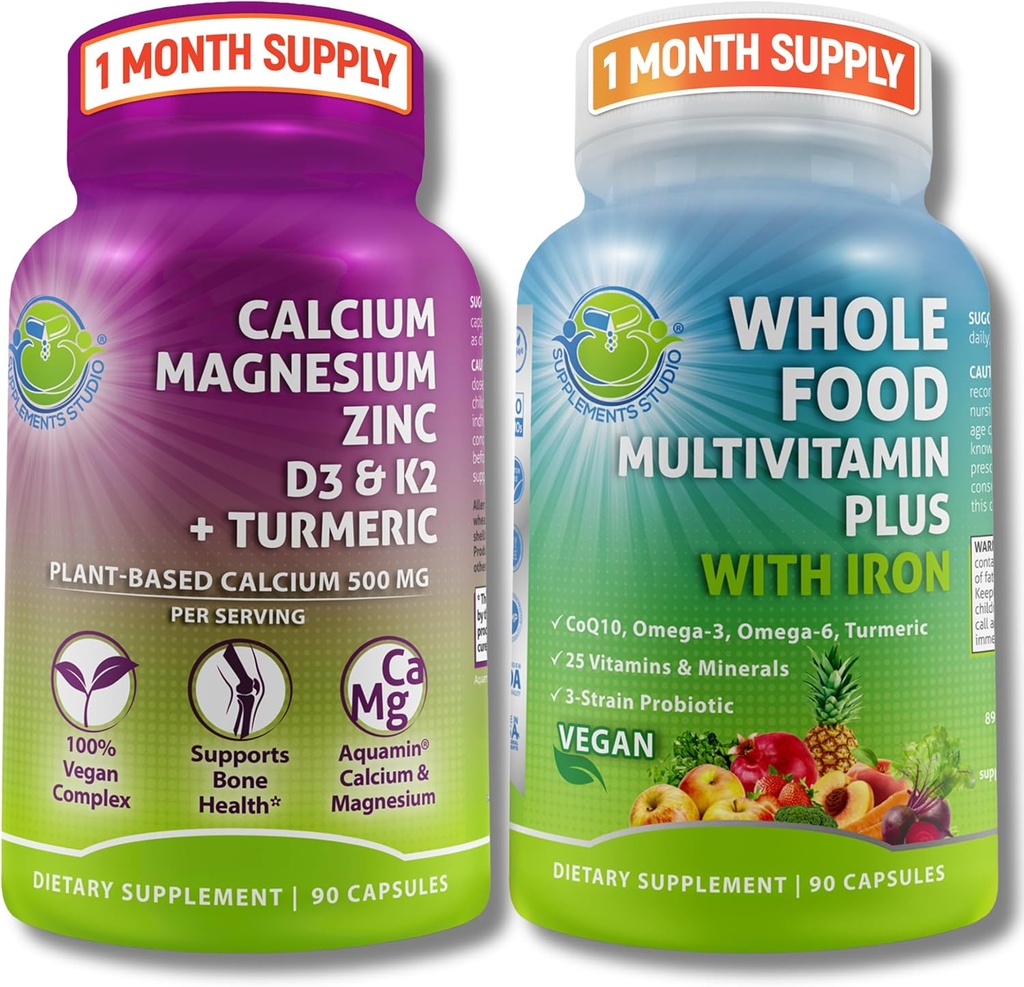 Multivitamina de alimentación entera vegana con hierro + calcio de base vegetal, magnesio, zinc, D3, K2 " Turmeric – Vegan Daily Support for Energy, Bone Health, Immunity " Global Wellness Trio