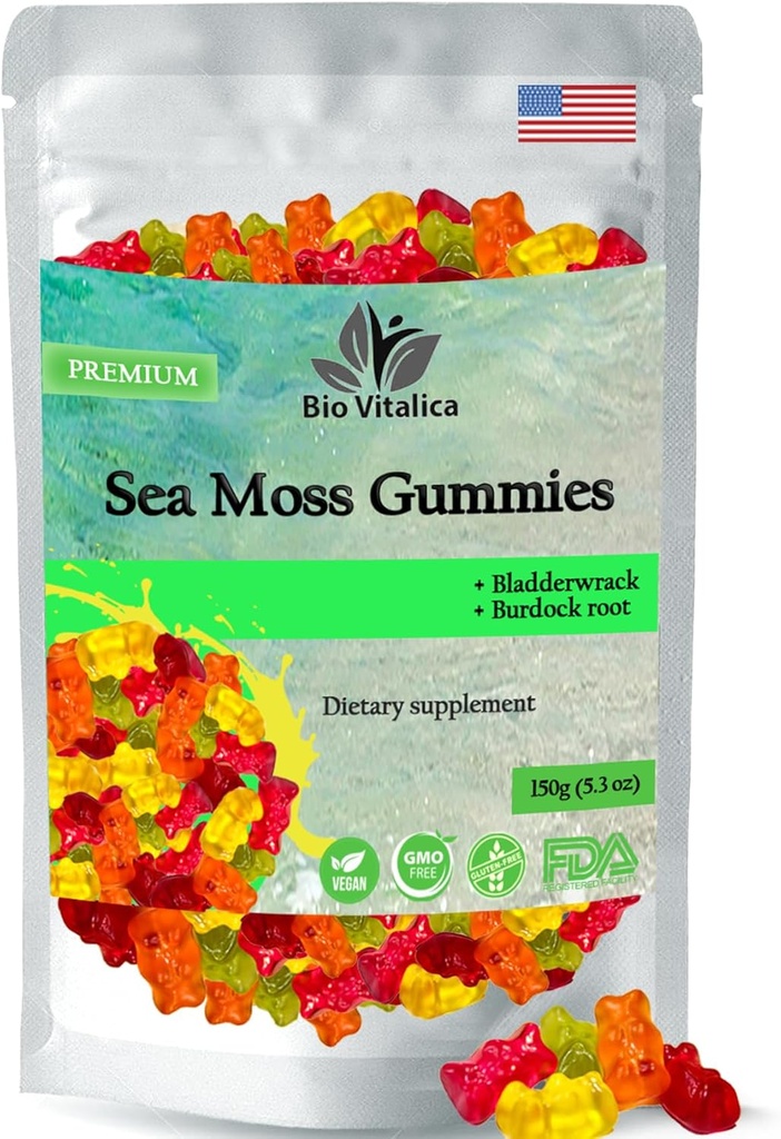 Mar Moss Gummies - Mar irlandés Moss crudo Orgánica, Vejigawrack, Burdock Root. Contiene Moss Mar Gel y Polvo. Superalimentos para Vegan, Keto y Dr Sebi Diet. Immune Boosting (1, Original)