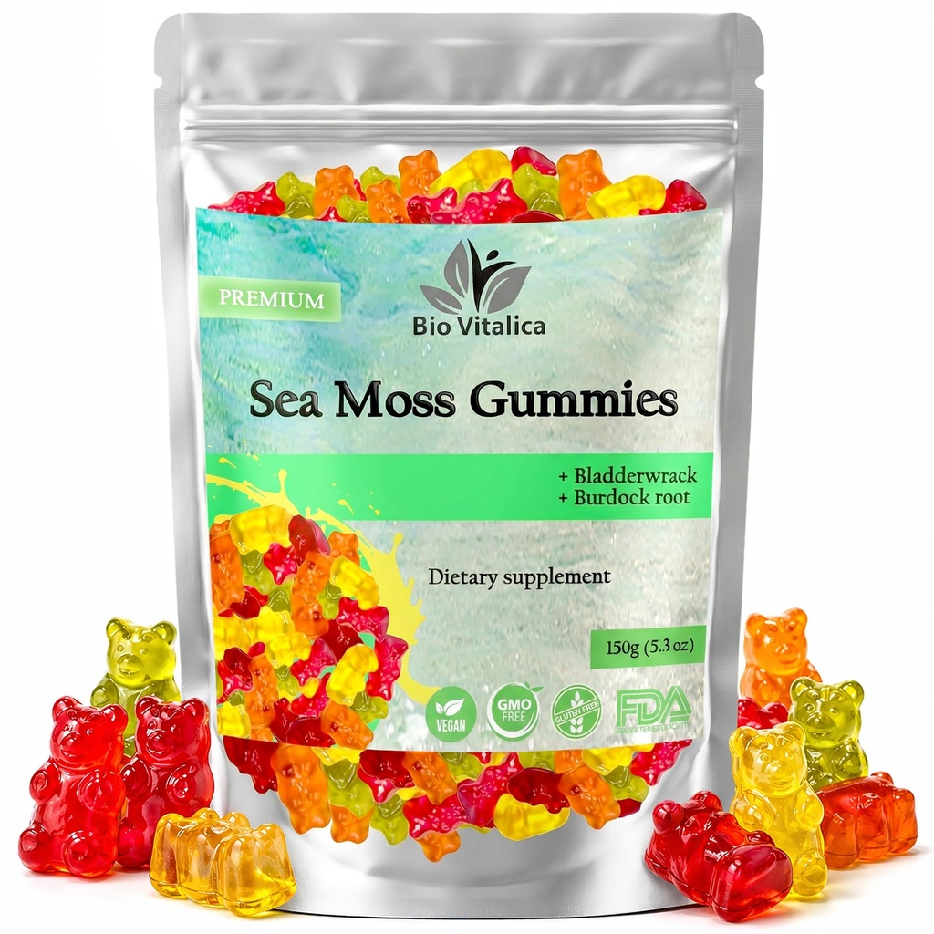Mar Moss Gummies - Mar irlandés Moss crudo Orgánica, Vejigawrack, Burdock Root. Contiene Moss Mar Gel y Polvo. Superalimentos para Vegan, Keto y Dr Sebi Diet. Immune Boosting (1, Original)
