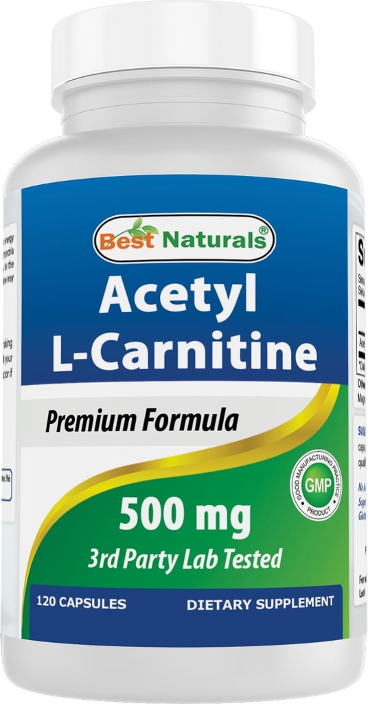 Mejores Naturales Acetyl L-Carnitine (ALCAR) 500mg, 120 Capsules, 120 Serviciones - No GMO y Gluten Gratis, 1 Cápsula por Serving