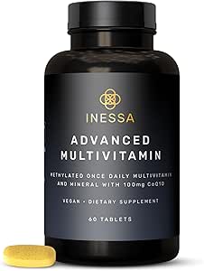 Inessa Methylated Multivitamin for Mens and Women - Advanced Natural Daily Mens Multivitamins with CoQ10 100mg, Vitaminas D3, K2, A, B Complex Vitamins, Folic Acid & Zinc - 60 Vegan Tablets