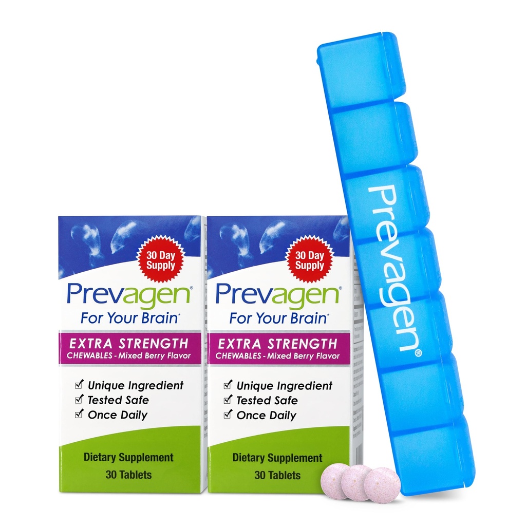 Prevagen Extra Strength Mixed Berry Chewables - 60 Tablets (2 Mes de Suministro) Silencio Formulado para Su Cerebro Silencio 20 mg de Apoaequorin Plus Vitamin D3 con 7-Day Pill Minder