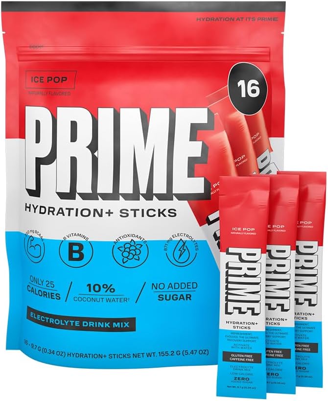 PRIME HYDRATION+ Pegatinas ICE POP ← Hidration Powder Single Serve Sticks ← Electrolyte Powder On The Go ← Bajo Sugar ← Caffeine-Free TEN Vegan TEN 16 Pegatinas