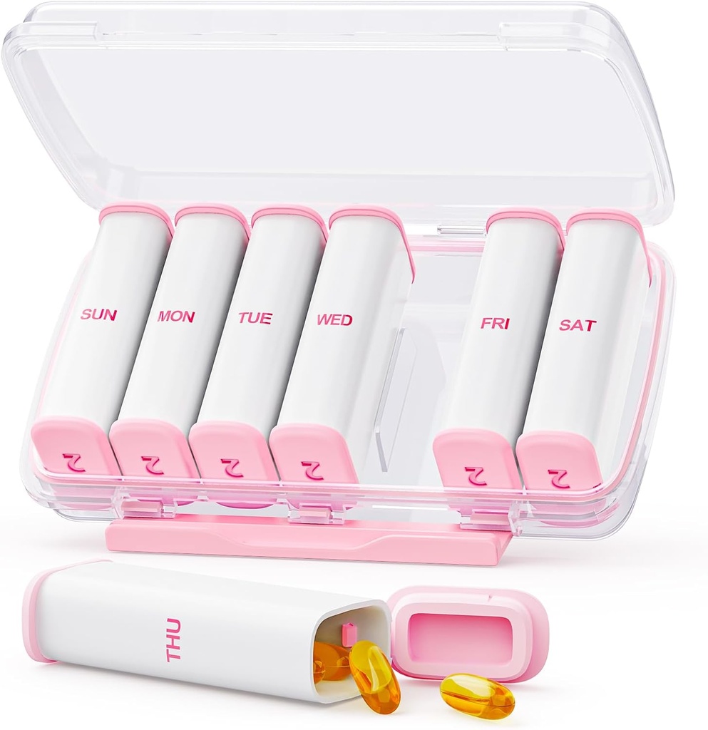 Pink organizador semanal de píldoras 2 veces al día con doble diseño de Damp-Proof, portátil AM PM caja de píldoras 7 día, caja de píldoras desmontable para bolsillo, propósito, gran contenedor de píldoras para vitaminas, aceites de pescado