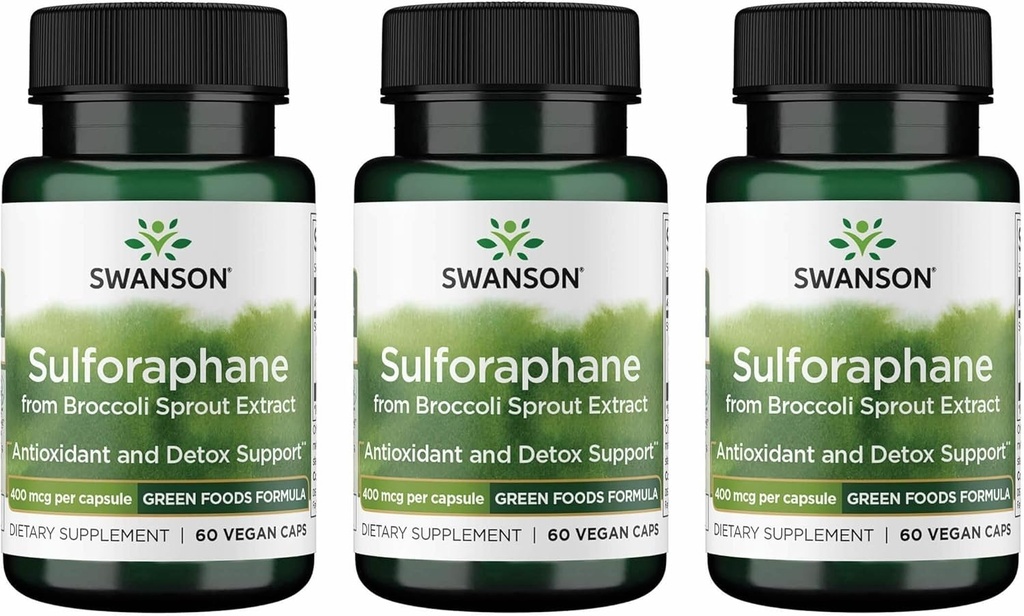 Swanson Sulforaphane - Broccoli Sprout Extract Supporting Cellular, GI Tract, and Liver Health - Natural Supplement Standardized to 0.4% Sulforaphane - (60 Veggie Capsules, 400mcg Cada uno) (3 Pack)