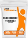 BulkSupplements.com Polvo de niacinamida - Vitamina B3 Powder, Suplemento de niacinamida, Niacinamide 500mg - Vitaminas B3 para la piel, sin gluten, 500 mg por ser, 500g (1.1 lbs) (Pack de 1)