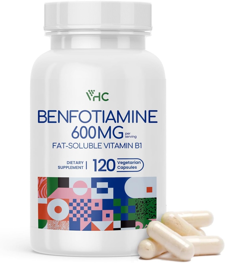 VHC Vitamina B1 Benfotiamine 600mg Suplemento- 5X Tiempo Fat-Soluble Thiamine Vitamina B1- Max Boost Bioavailable Thiamine B1 Niveles-120 Capsules Veggie,No-GMO, Soy Free- Made in USA