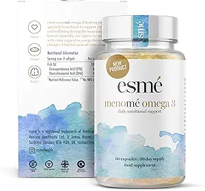 esmé menomé Omega 3 Asistencia nutricional diaria para la perimenopausa, la menopausia y la postmenopausa 60 cápsulas 30 días Suplemento alimenticio 660mg EPA " 440mg DHA por servicio diario