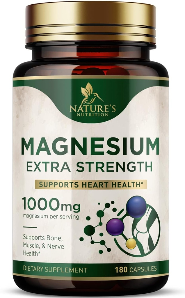 Suplemento mineral de magnesio 1000 mg - Citrato de magnesio de alta potencia para el hueso, salud cardíaca, nervios &amp; apoyo muscular, complejo de magnesio de la naturaleza para el soporte corporal completo, embotellado en EE.UU. - 180 cápsulas