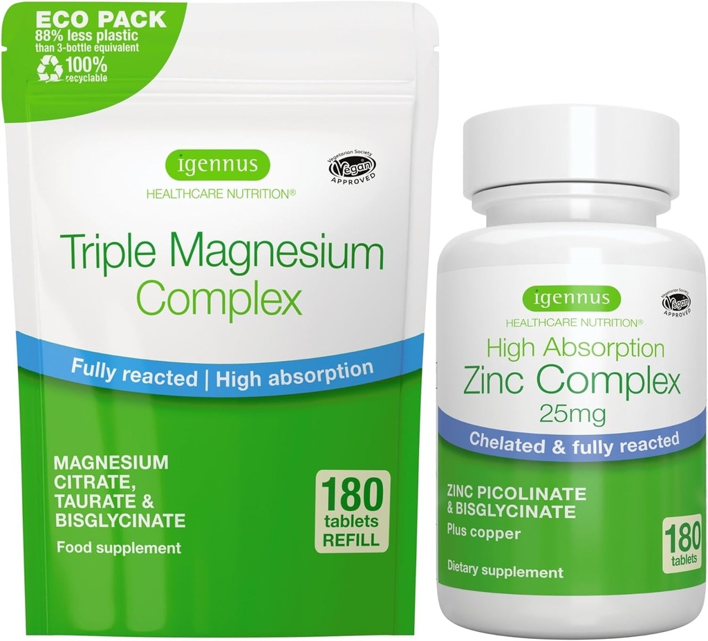 Complejo de Magnesio Triple 180 Tabletas + Complejo de Zinc Bundle Vegan, Alta Absorción Magnesio Chelated + 25 mg Zinc Picolinate & Bisglycinate with Copper, por Igennus