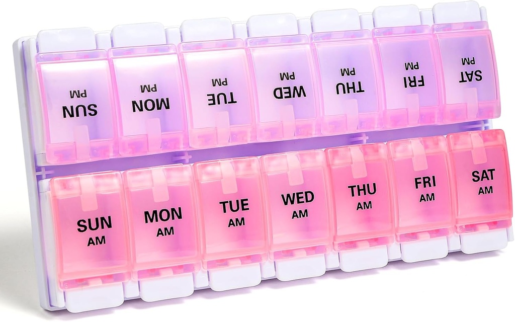 Sukuos AM PM Organizador semanal de píldoras 7 días, 2 veces una caja de píldoras de día con botón de empuje fácil, BPA casos de vitamina gratis para aceite de pescado / aumentos, fácil de limpiar (Purple ventajaPink)