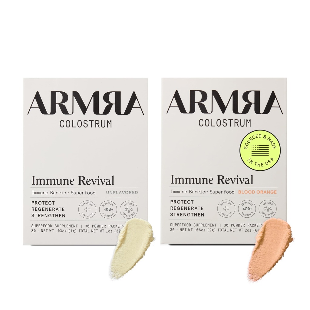 ARMRA ColostrumTM Premium Powder, Grass Fed, Gut Health Bloating Immunity Skin & Hair, Contains 400+ Bioactive Nutrients, Keto, Gluten & Fat Free (Unflavored, Blood Orange Bundle ← 60 Servings)