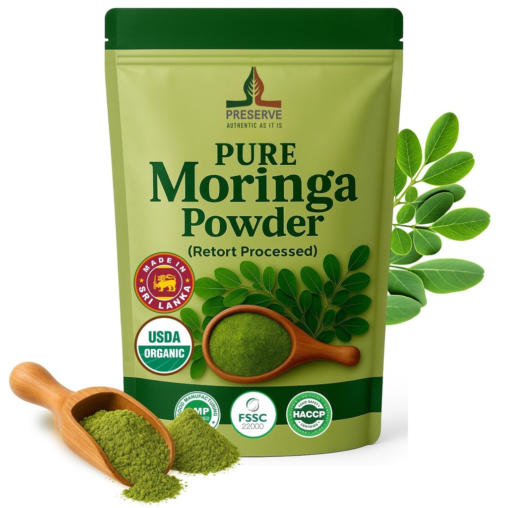 Pura Moringa Powder Retort Procesado Oleifera Moringa Leaf Powder Silencio Gluten-Free and Vegan TEN Perfect for Smothies, Drinks, Tea & Receips. Puro Super Green Food, 113g.