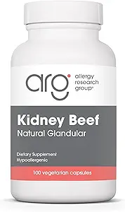 Allergy Research Group Kidney Beef Supplement - Natural Glandular, Freeze-Dried, Bovine, Lyophilized, Beef Organ, Vegetarian Capsules - 100 Count