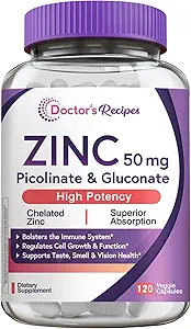 Recetas del médico Zinc 50mg, Picolinato Zinc altamente absorbible " Gluconate, apoya la defensa natural de inmunodeficiencia, ADN " Formación de proteínas, crecimiento celular, no GMO, 120 cápsulas vegetarianas