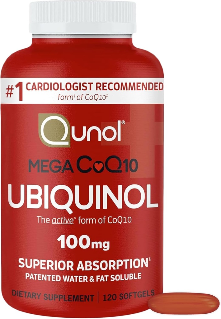 Qunol Mega Ubiquinol CoQ10 100mg, Absorción superior, Agua patentada y grasa Soluble suplemento natural Forma de Coenzima Q10, Antioxidante para la salud del corazón, 120 Conde (Pack de 1) Softgels