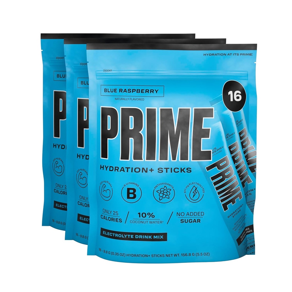 PRIME HYDRATION+ Pegatinas Blue Raspberry ANTE Hydration Powder Single Serve Sticks ← Electrolyte Powder On The Go ← 250mg BCAAs, B Vitaminas, Antioxidantes TEN Low Sugar TEN Caffeine-Free TEN Vegan TEN 48 Sticks
