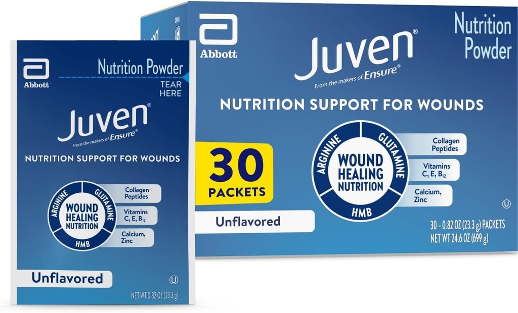 Juven Therapeutic Nutrition Drink Powder Incluido Peptides Collagen, Amino Acids, y HMB Para el soporte de curación de heridas, Desflavorado, 30 Packets