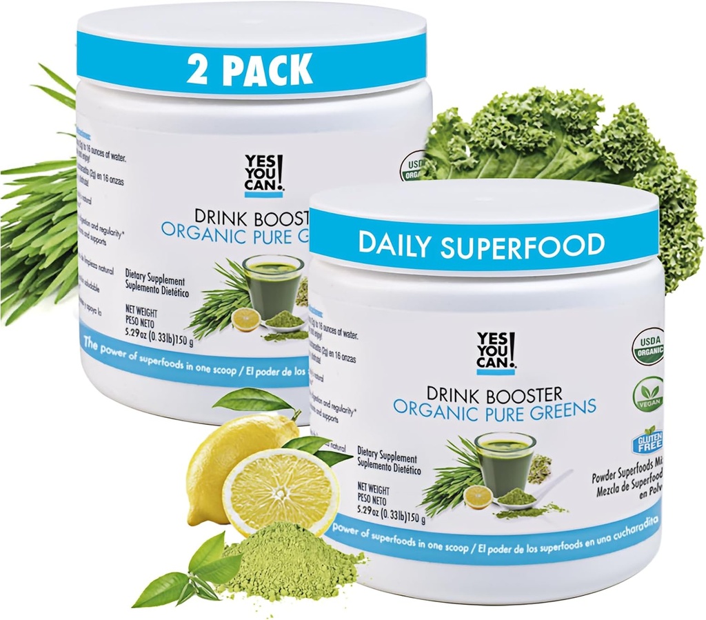 ¡Sí puedes! Booster de bebidas - Ecológicos Verdes Superalimentos Powder Drink Mix - 2 Pack con Alfalfa Grass, Wheatgrass, Kale, Barley Grass, Lemon Juice Powder - Rich in Antioxidants, Vitamins and Minerals.