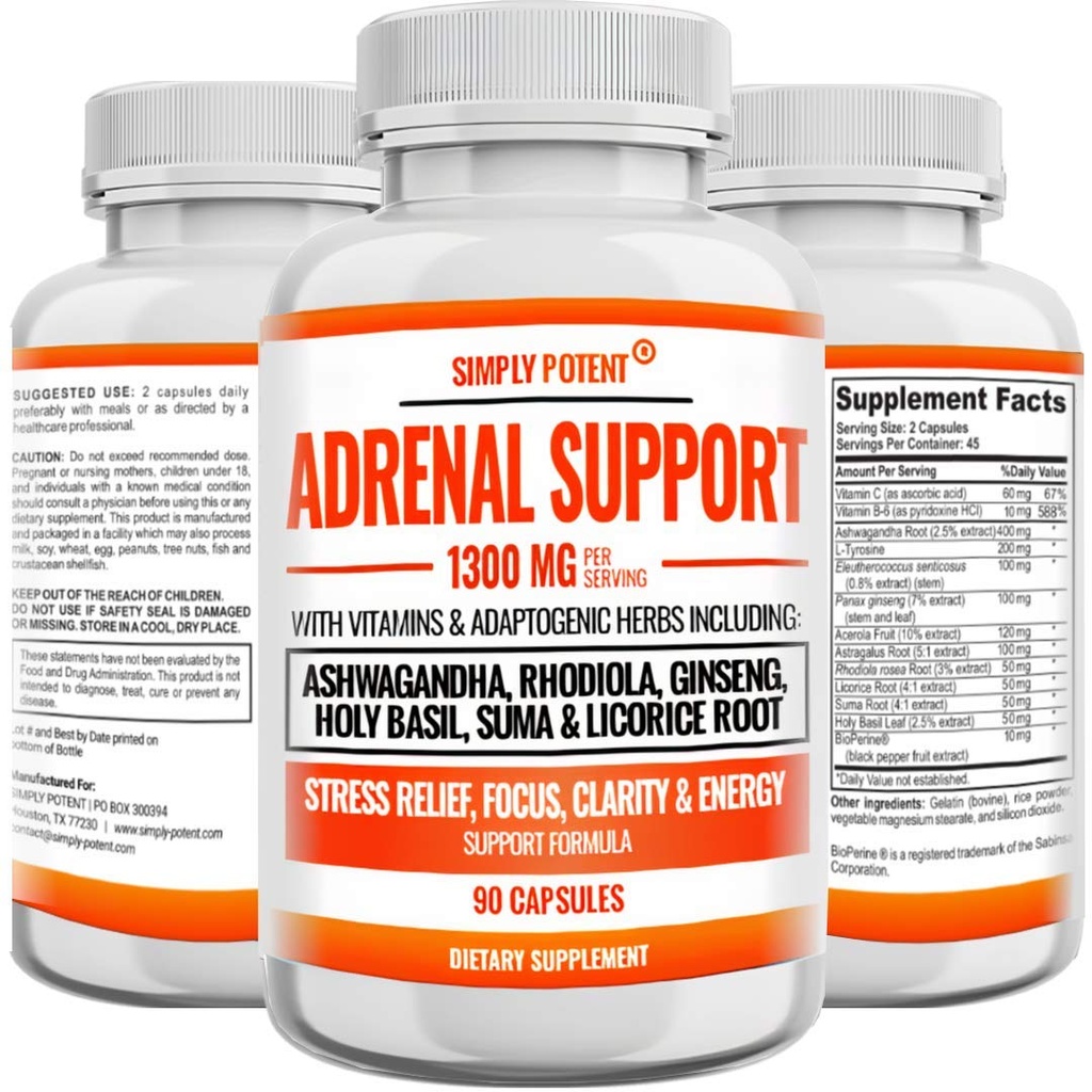 Soporte Adrenal y Gerente de Cortisol - 90 cápsulas, Suplemento de Salud Adrenal con Ashwagandha, Licorice Root, Rhodiola Rosea, Ginseng, Holy Basil for Adrenal Fatigue for Women &amp; Men