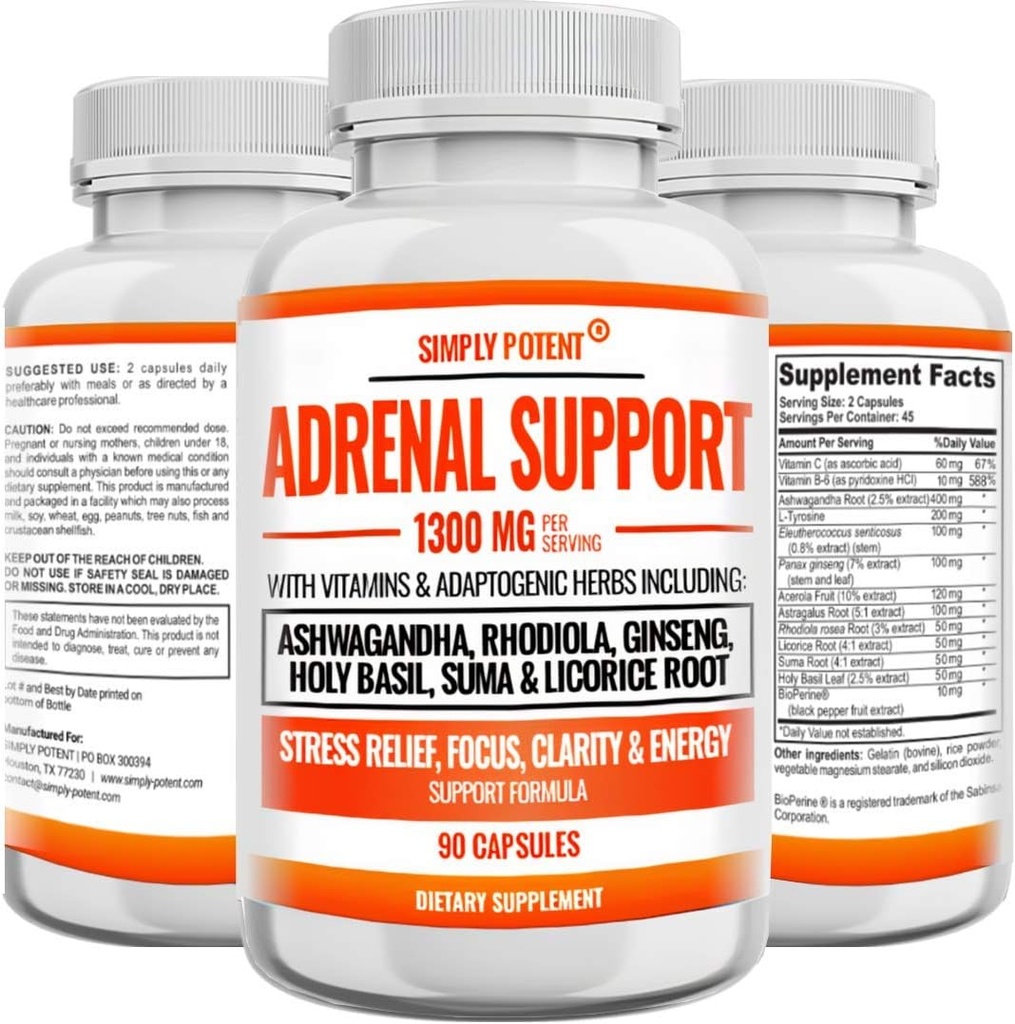 Soporte Adrenal y Gerente de Cortisol - 90 cápsulas, Suplemento de Salud Adrenal con Ashwagandha, Licorice Root, Rhodiola Rosea, Ginseng, Holy Basil for Adrenal Fatigue for Women &amp; Men