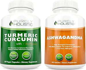 Curcumina Turmérica Orgánica 700mg " Bioperina + Ashwagandha Orgánica 1300mg " Black Pepper - Vegan Bundle - 120 + 180 cápsulas - Made in USA