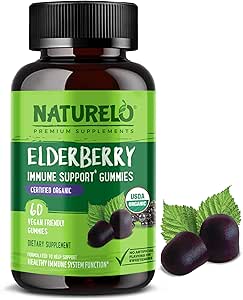 NATURELO Elderberry Gummies Immune Support with Sambucus Elderberry + Vitamina C + Zinc Certified Organic, 60ct