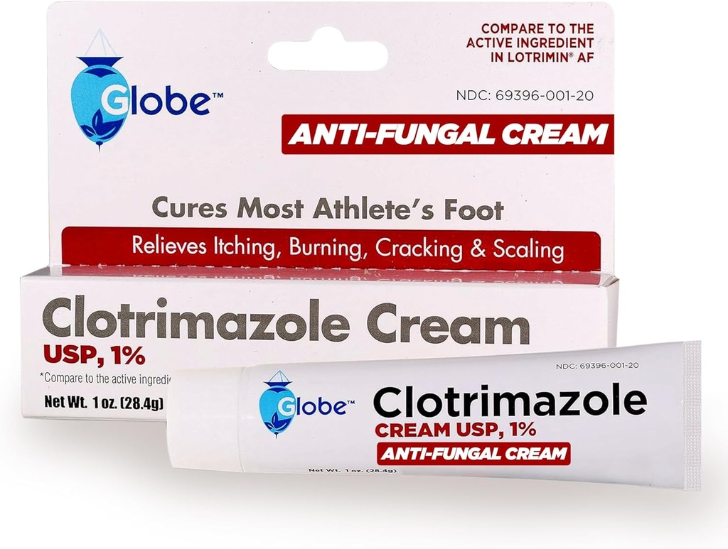 Globe Clotrimazole Crema antifungal 1% USP (1 oz), Tratamiento anti fúngico, Alivia picazón, quema, atraque y escalada Athletes asociados Pie, Jock Itch, Ringworm y Más