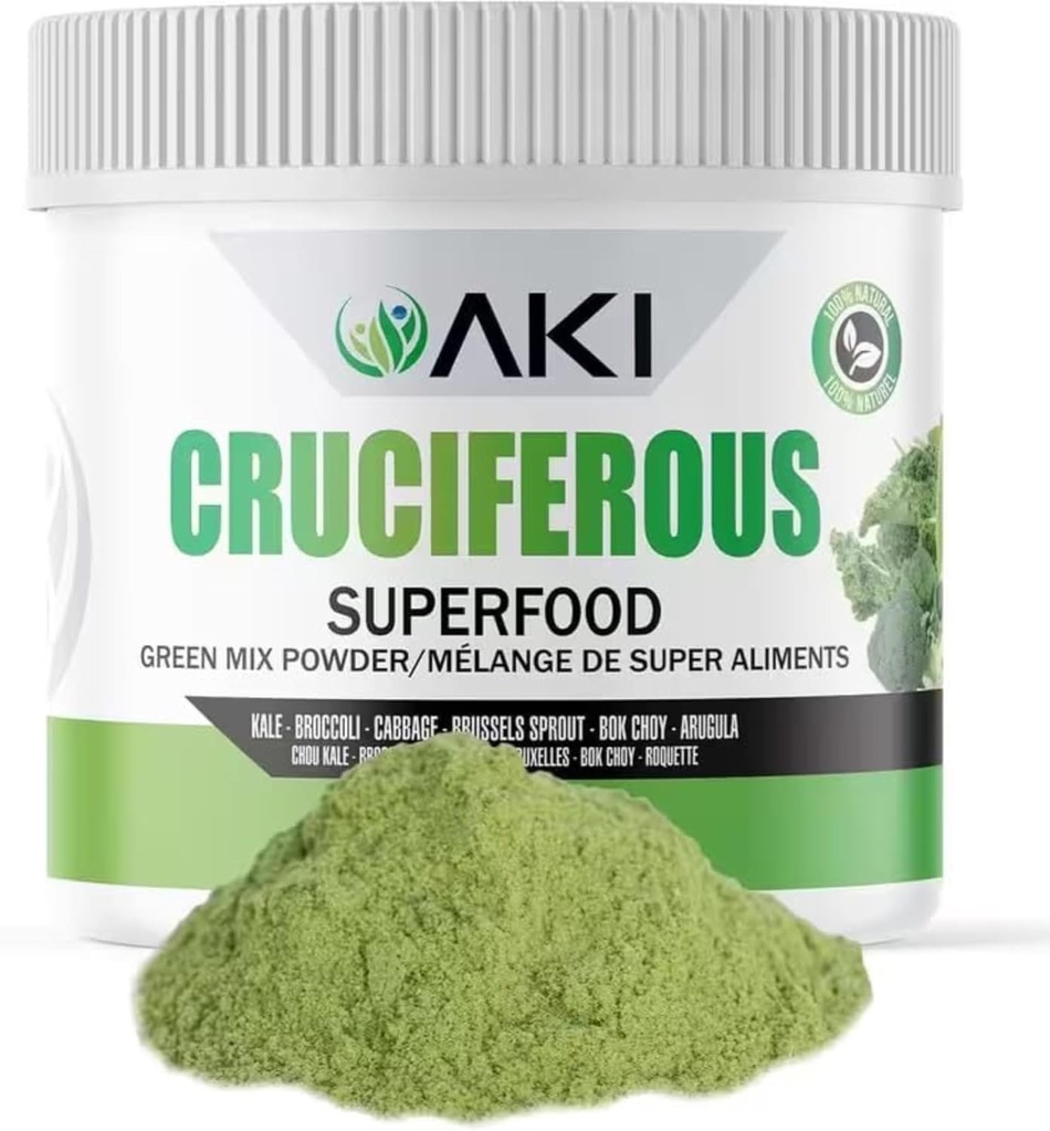 AKI Cruciferous Superfood Green Mix Powder - Hecho de Kale, Broccoli, Bruselas Sprouts, Cabbage - Empaquetado con fitonutrientes esenciales & vitaminas ((5.3oz/150g))