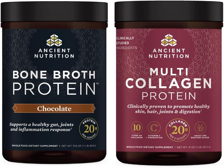 Antigua Nutrición Multi Collagen Proteína Polvo, Des saboreado, 45 Serviciones + Bono Broth Protein Polvo, Chocolate, 20 Servimientos