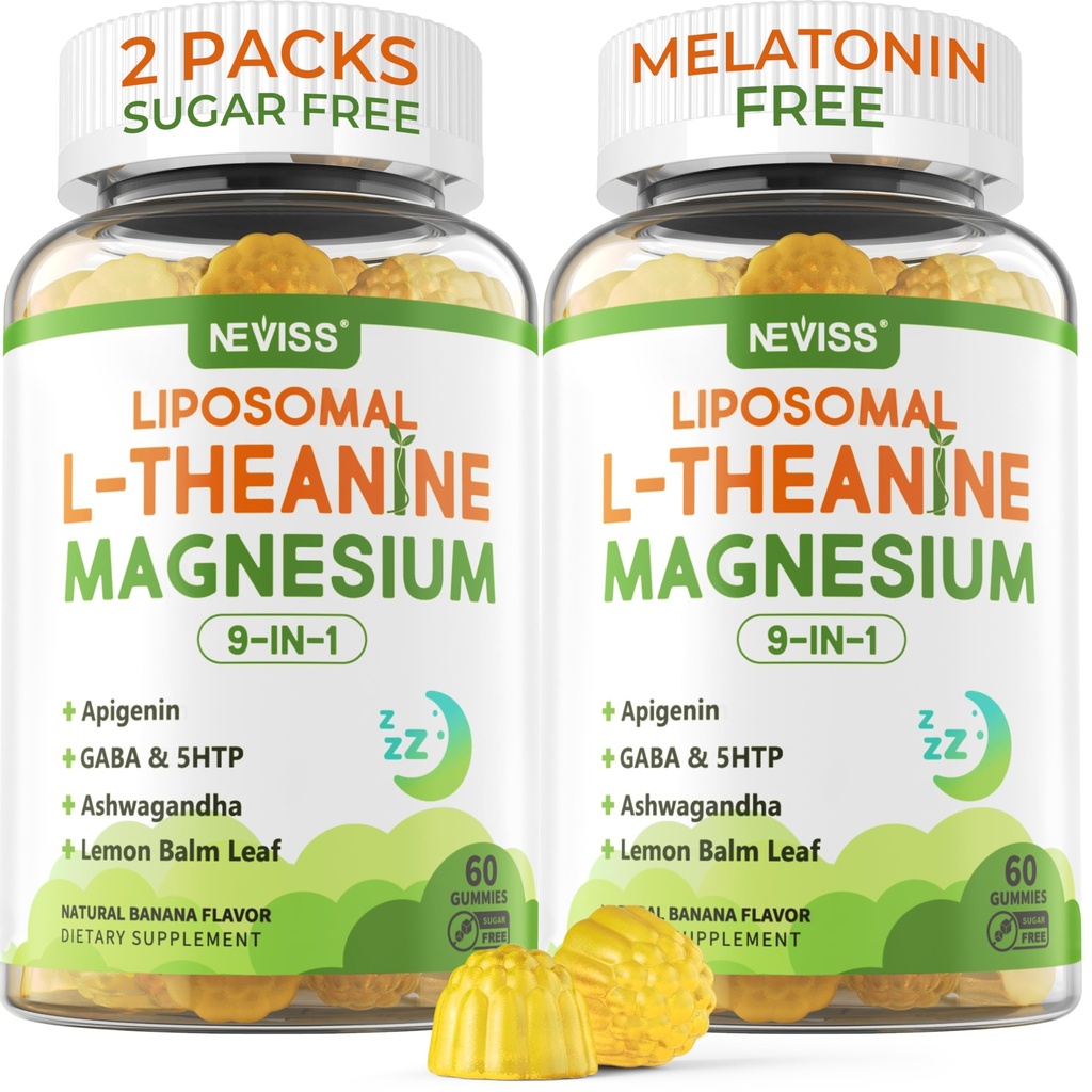 Liposomal L-Theanine 200mg Magnesium Glycinate 400mg Gummies with GABA, 5HTP, Apigenin, Vitamin B6 & D3, Ashwagandha, Lemon Balm Leaf, Melatonin Free Sleep Chewable for Relax Mood & Muscle, 2 Packs