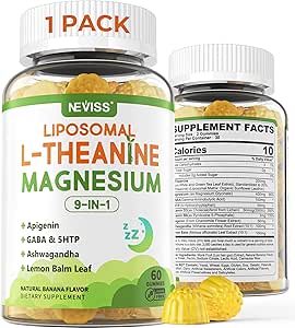 Liposomal L-Theanine 200mg Magnesium Glycinate 400mg Gummies with GABA, 5HTP, Apigenin, Vitamina B6 &amp; D3, Ashwagandha, Lemon Balm Leaf, Melatonin Free Sleep Chewable for Relax Mood & Muscle, 2 Packs