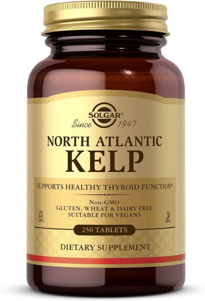 Solgar North Atlantic Kelp, 250 Tablets - Fuente Natural de Iodine - Soportes Función de Tiroides saludables - Gluten Gratis, Dairy Free, Kosher - 250 Servimientos