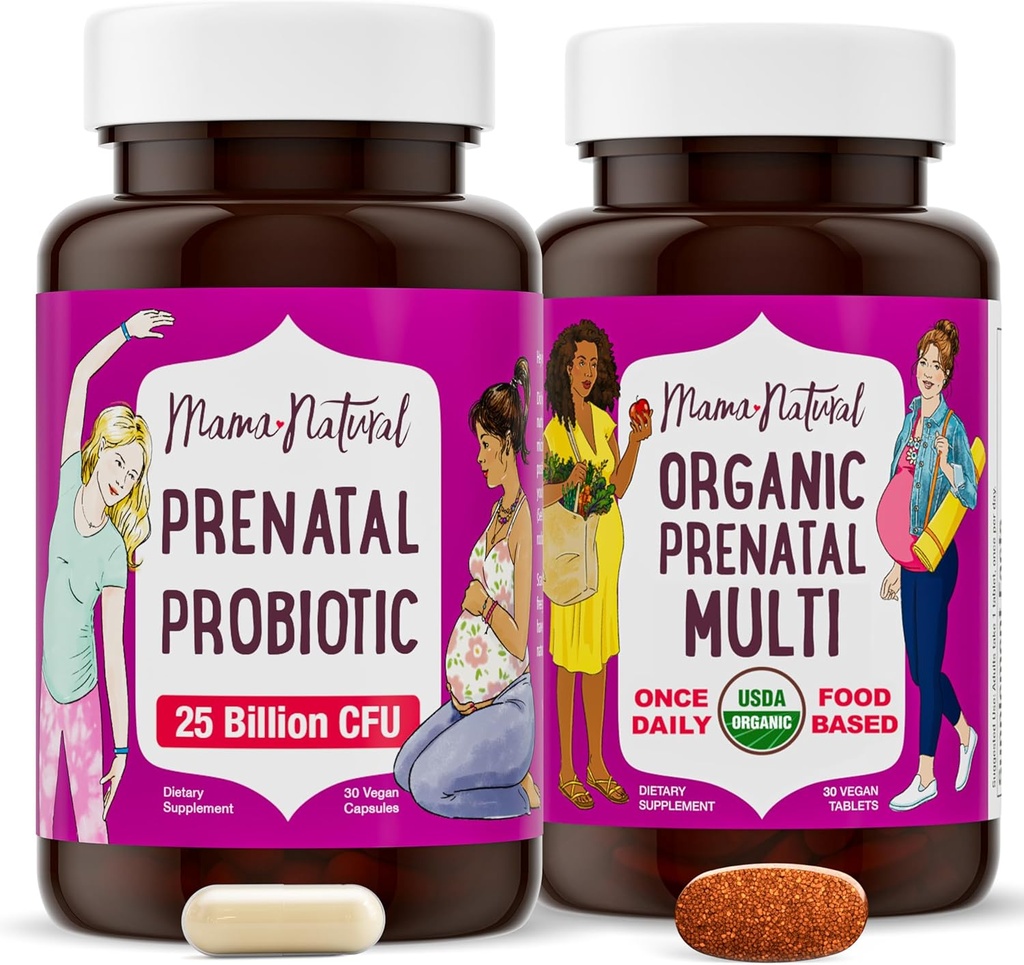 Mama Natural Prenatal Bundle – Vitaminas Orgánicas prenatales para Mujeres + Probióticos Metas para el Embarazo &amp; Postparto Wellness - Solo 2 Píldoras al día - Vegan &amp; No GMO (30 Day Supply)