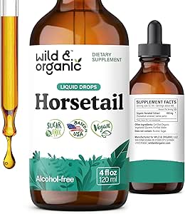 Wild &amp; Organic Horsetail Herb Tincture - Hair Skin and Nails Support - Liquid Horsetail Supplement - Vegan, Sugar &amp; Alcohol-Free Leaf Extract Drops - 4 fl oz