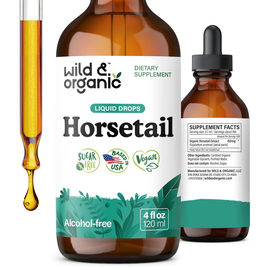 Wild &amp; Organic Horsetail Herb Tincture - Hair Skin and Nails Support - Liquid Horsetail Supplement - Vegan, Sugar &amp; Alcohol-Free Leaf Extract Drops - 4 fl oz